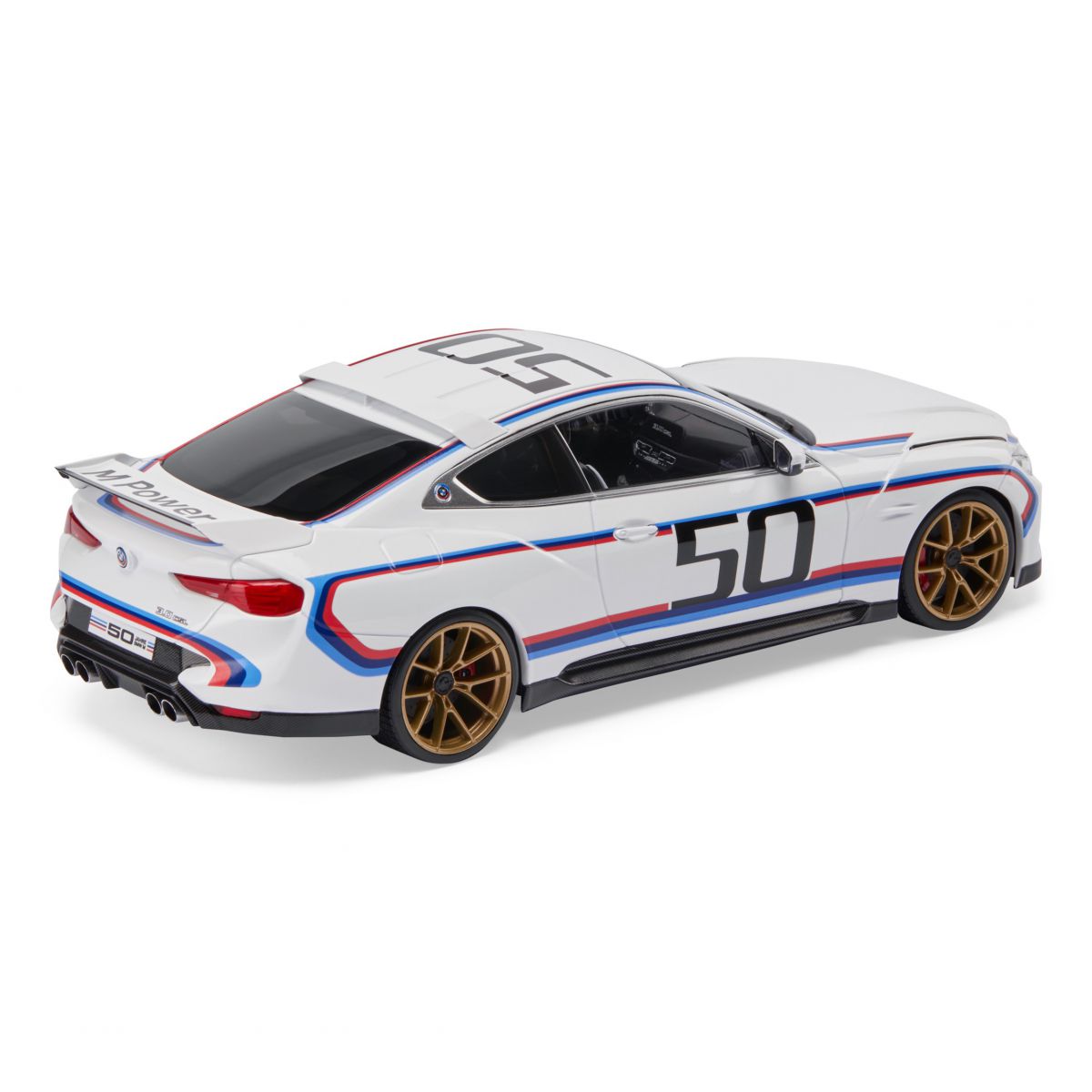 BMW 3.0 CSL模型車1:18，其塗裝以阿爾卑斯白為基礎，並帶有M標誌的三色條紋